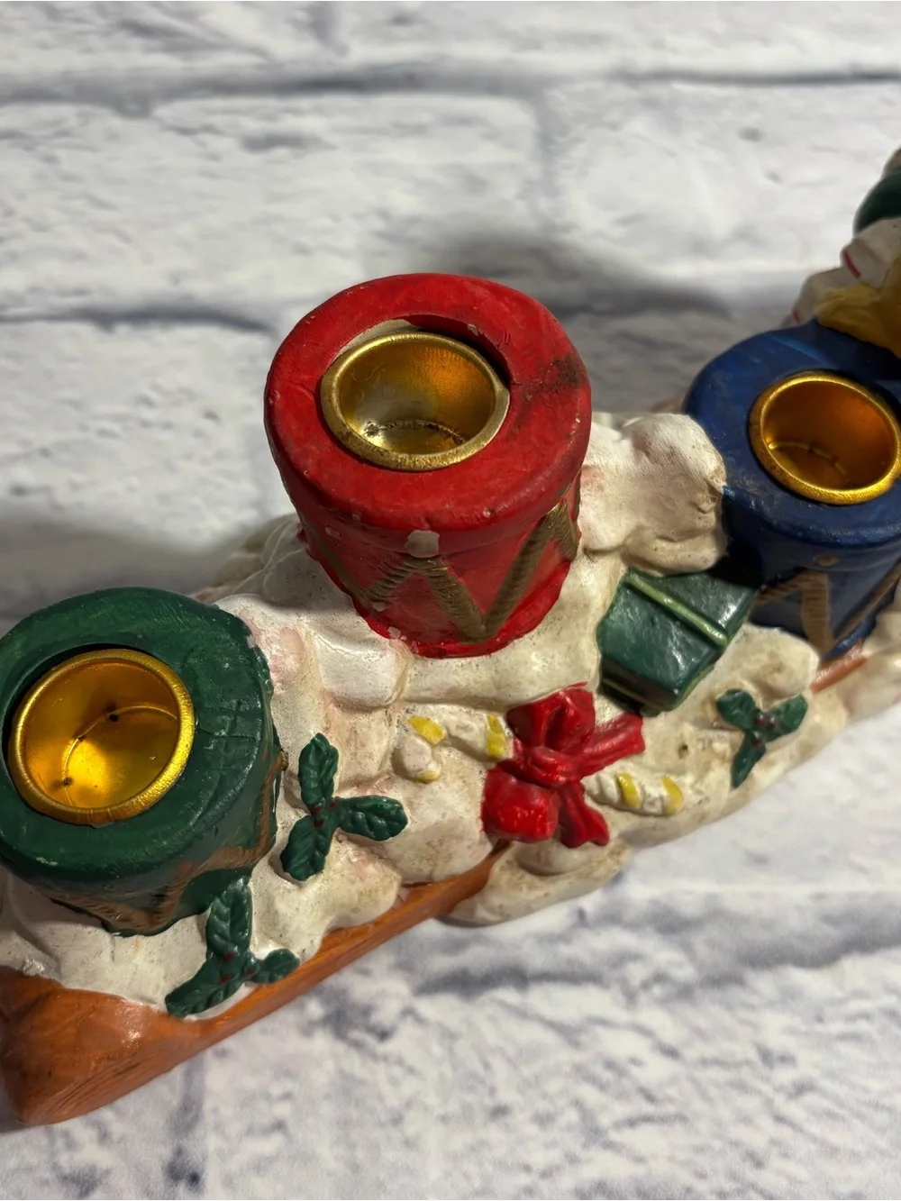 Vintage hand-painted Christmas Santa Claus candle sticker holders (set of 2)
